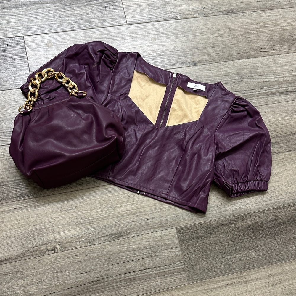 Faux Leather Puff Sleeve Crop Top w/ Matching Purse
